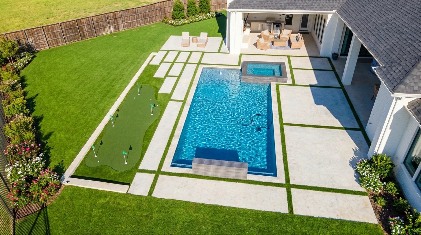 Geometric Pool with Raised Spa, Water Wall & Putting Green — Prosper, TX — custom geometric pool by Prestige Pool & Patio