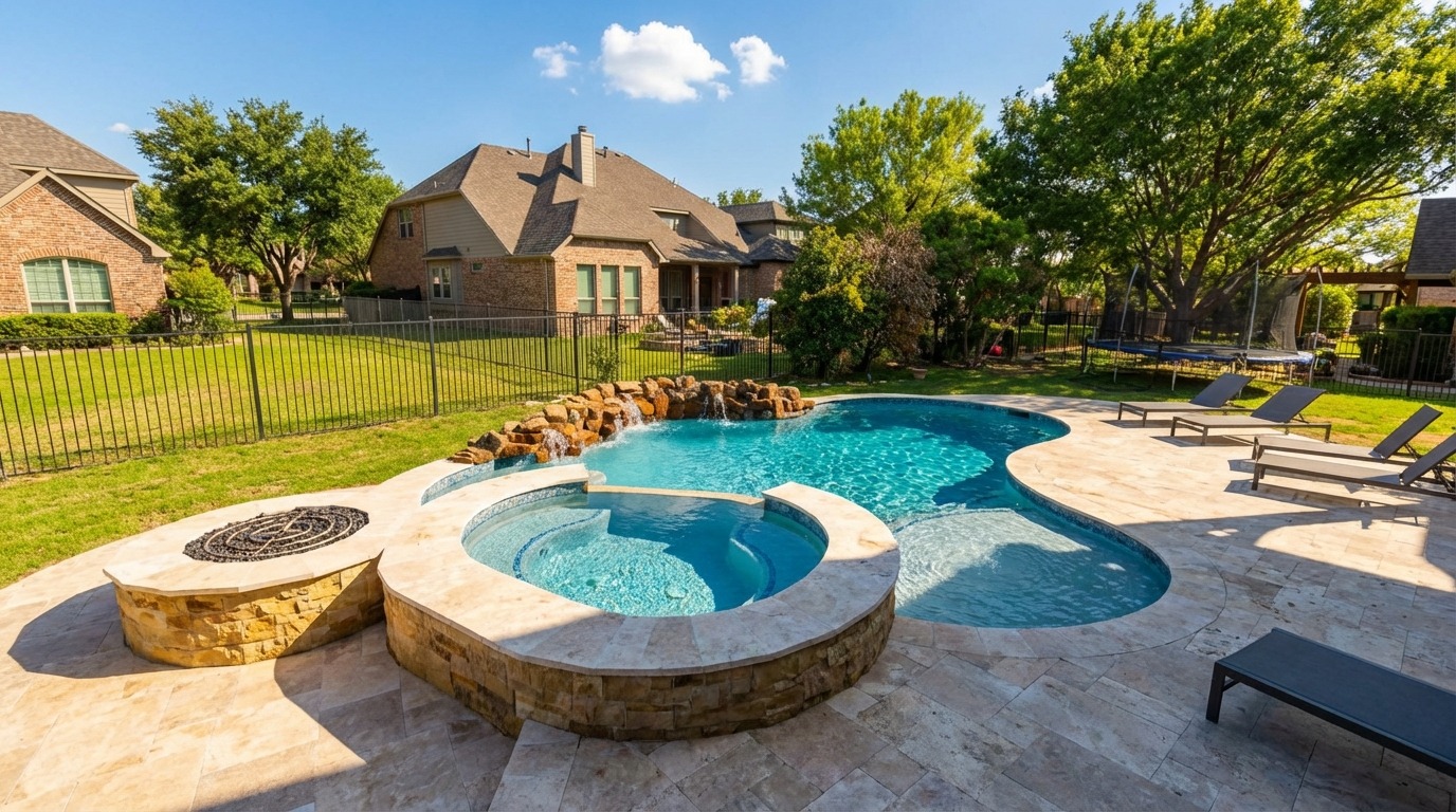 Freeform Lagoon Pool with Rock Waterfall — Dallas, TX — custom freeform pool by Prestige Pool & Patio