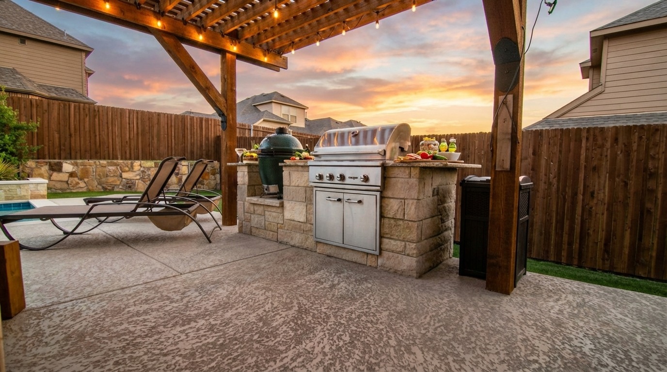 Outdoor kitchen with built-in grill, countertops, and seating area