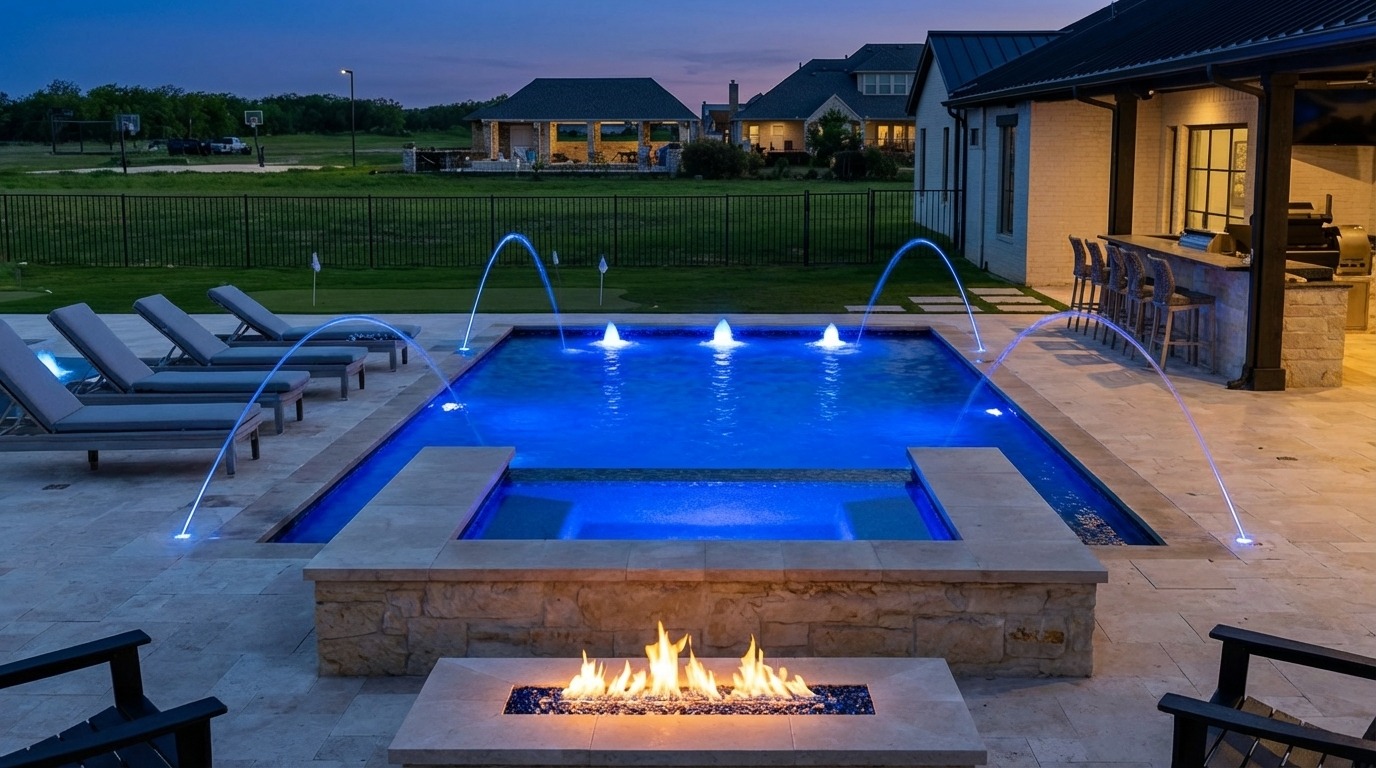 Pool with tanning ledge, bubblers, and LED lighting features