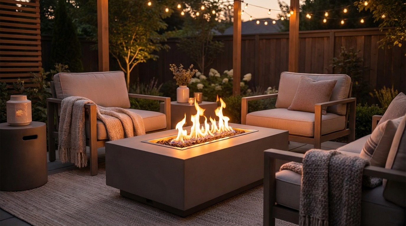 Fire pit seating area with comfortable outdoor furniture at dusk