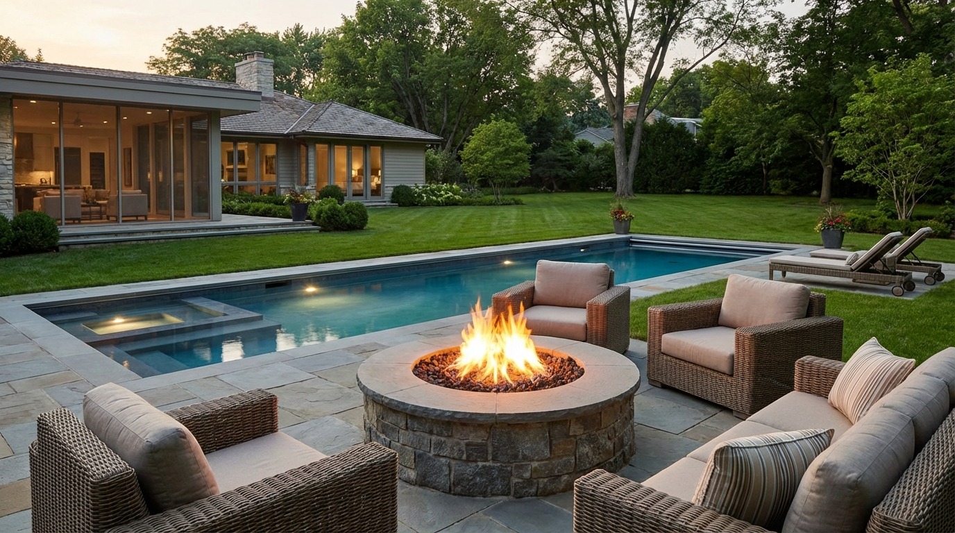Spillover spa with fire bowls and premium natural stone finishes