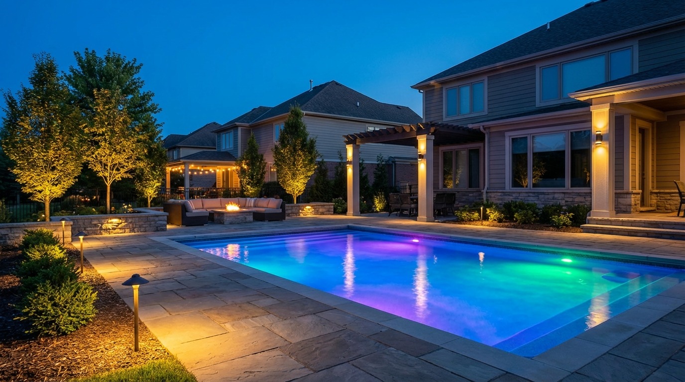 Pool and backyard with landscape lighting, LED pool lights, and uplighting at night