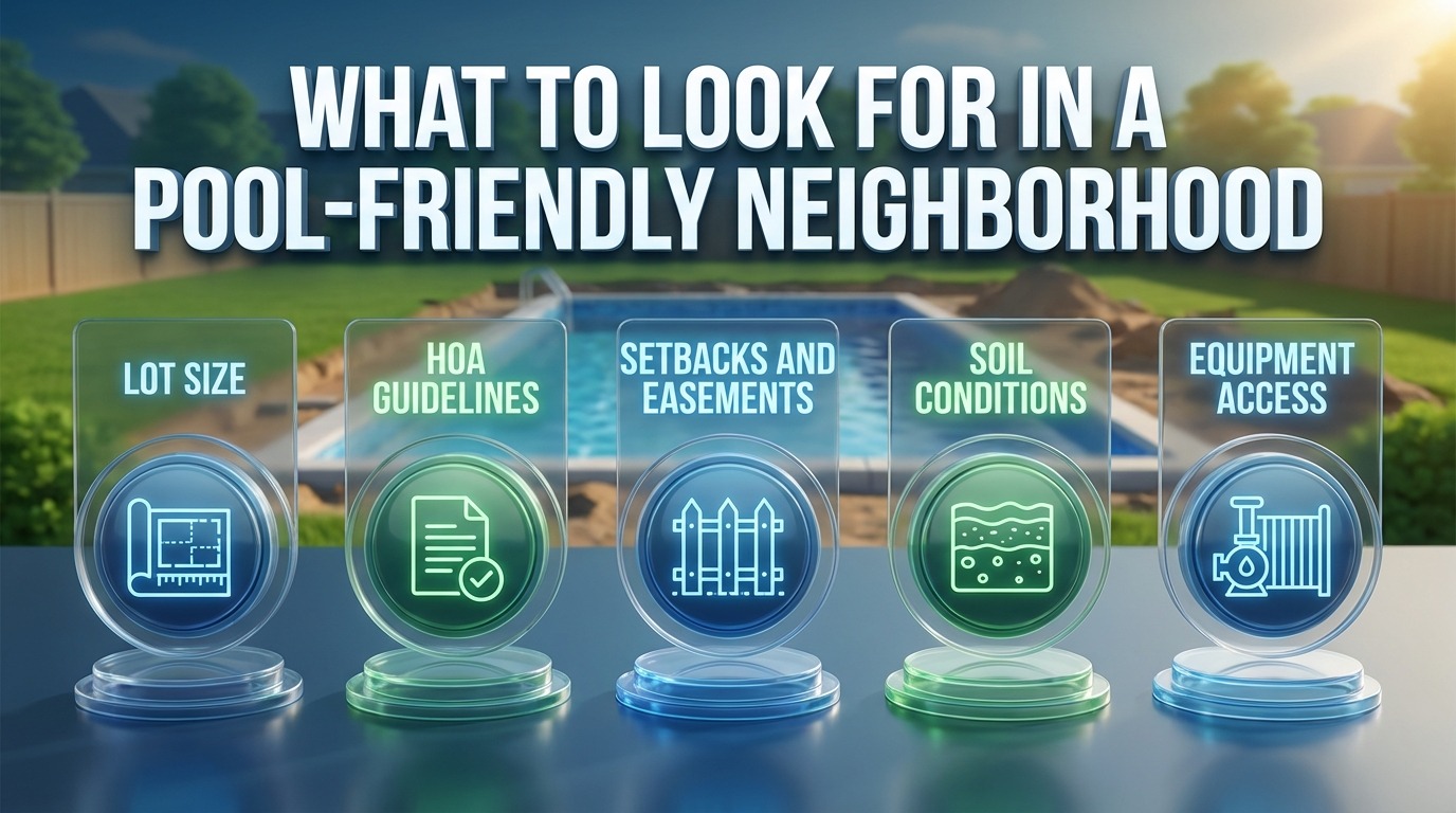 What to look for in a pool-friendly neighborhood — lot size, HOA guidelines, setbacks, soil conditions, and equipment access