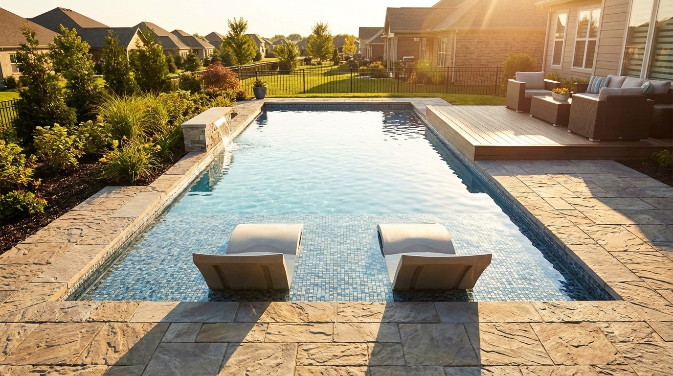 Modern pool with tanning ledge and Ledge Loungers — the most requested pool feature in 2026