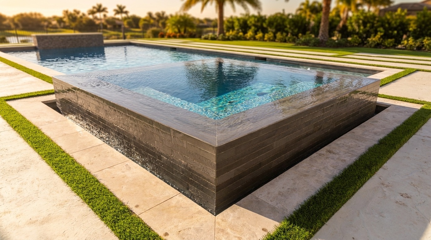 Raised spa with spillover into pool — one of the best investments for year-round use