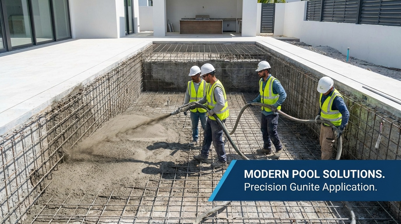 Crew shooting gunite during pool construction — precision application over steel framework