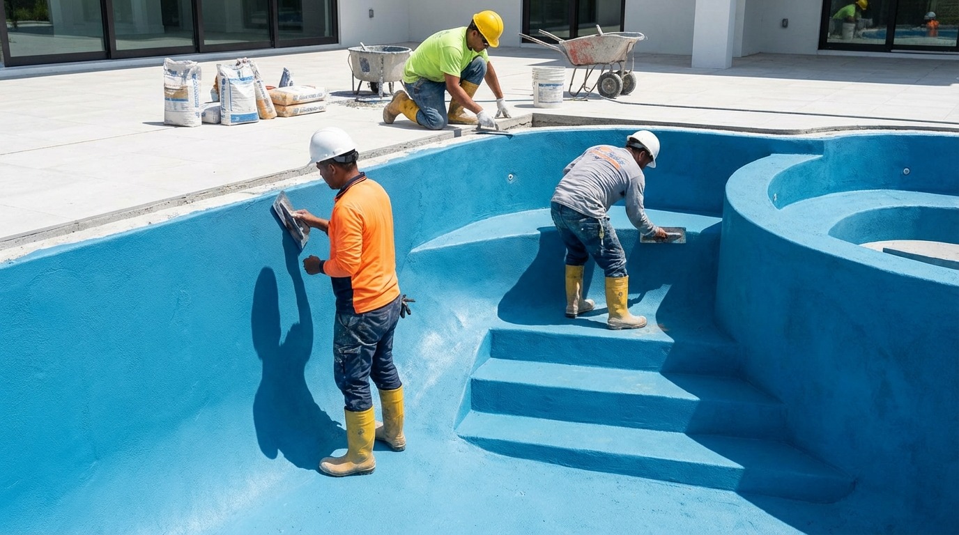 Crew applying pool interior plaster finish — the final major construction step