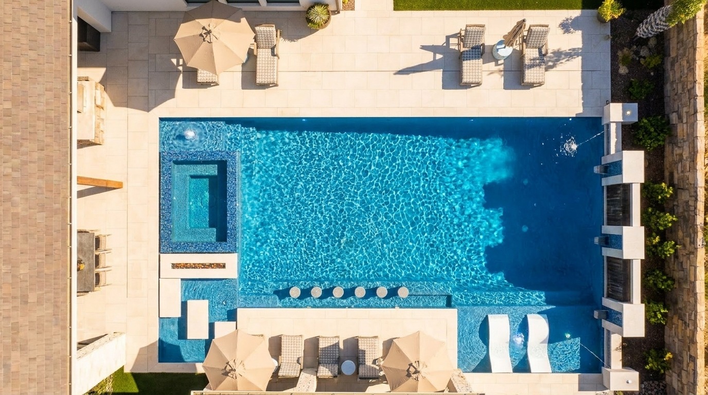 Modern Pool with Fire Lamps, Spillover Spa & Outdoor Kitchen — Prosper, TX — photo 7