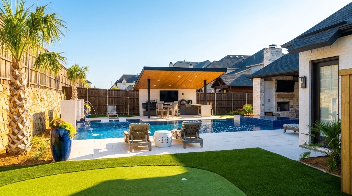 Modern Pool with Fire Lamps, Spillover Spa & Outdoor Kitchen — Prosper, TX — photo 4