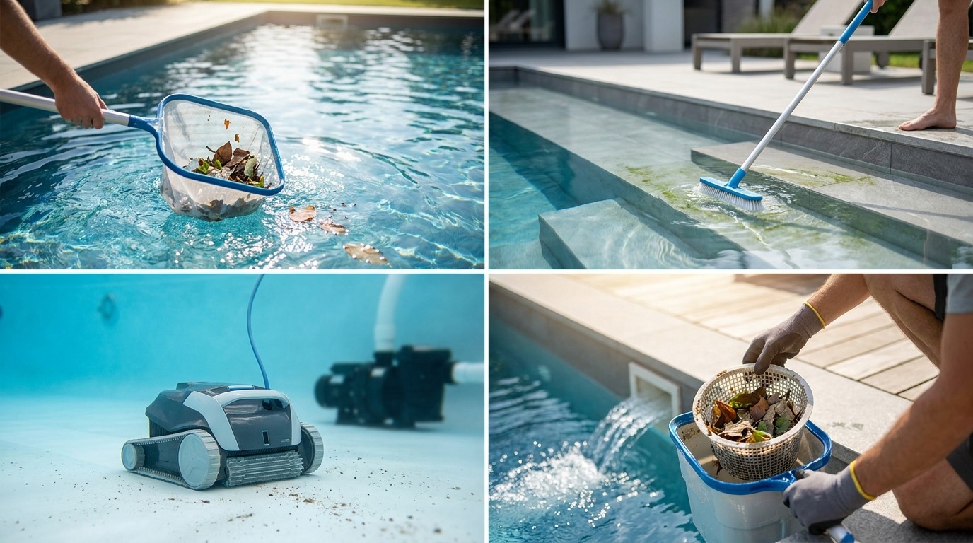 A homeowner testing North Texas pool water chemistry with a test kit beside a clean swimming pool