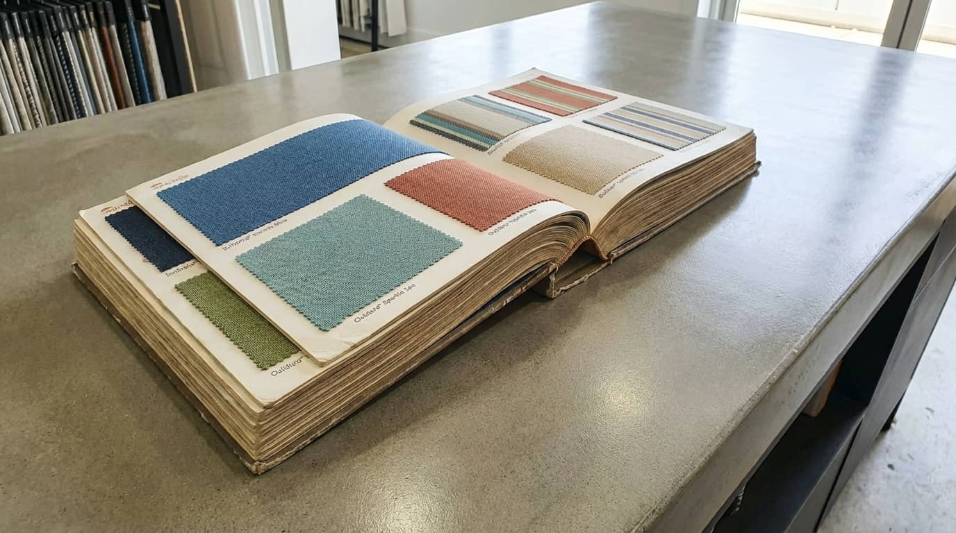 Fabric and material swatch book for outdoor furniture color matching at the Prestige showroom