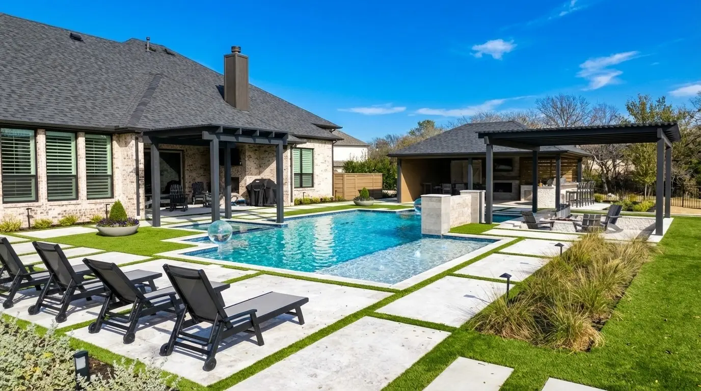 Geometric pool with LED water spheres, lounge chairs on a travertine and turf deck, and a black pergola in a Celina, TX backyard built by Prestige Pool & Patio