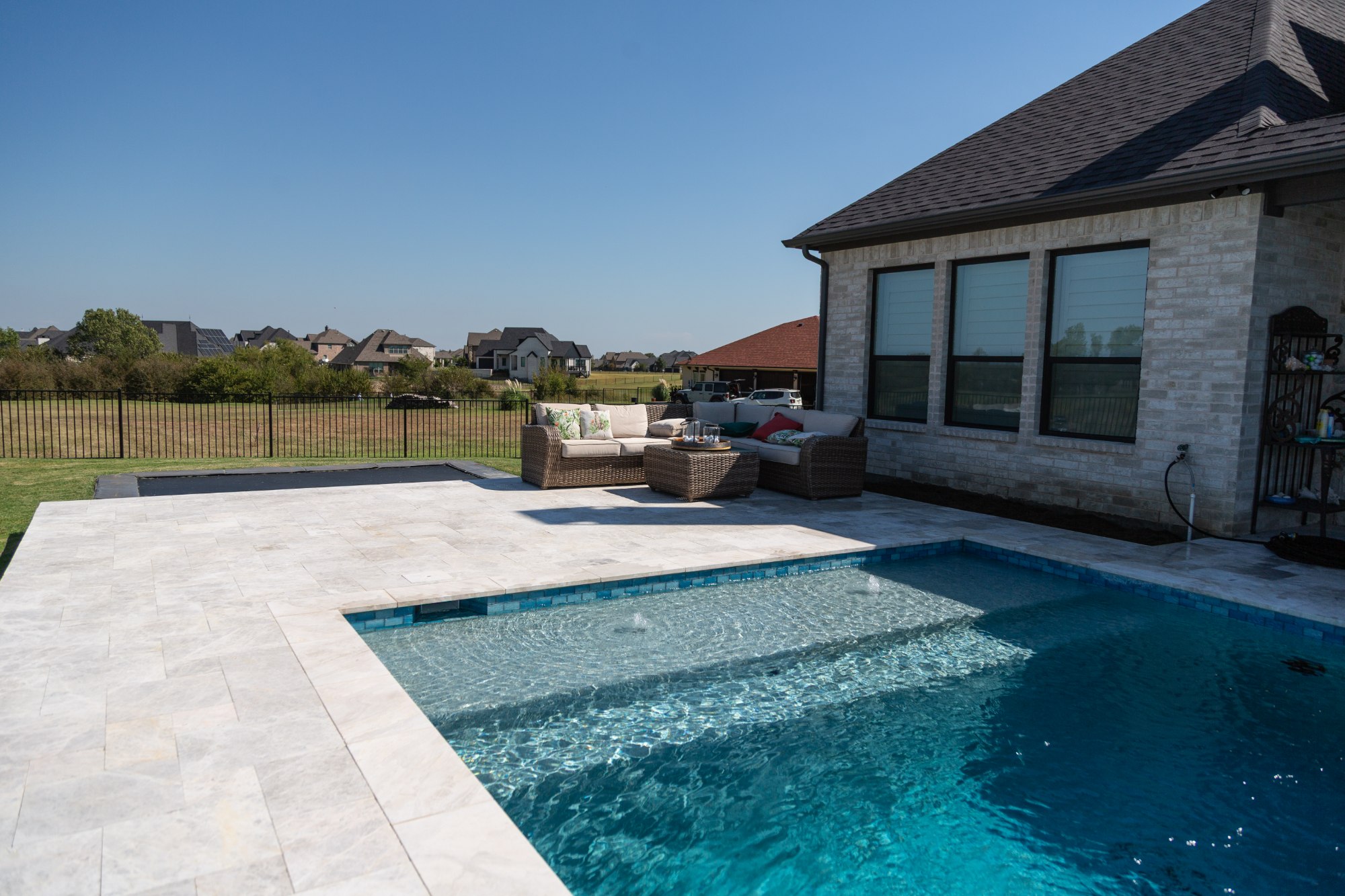 Geometric Pool with Raised Spa & Outdoor Kitchen — Celina, TX
