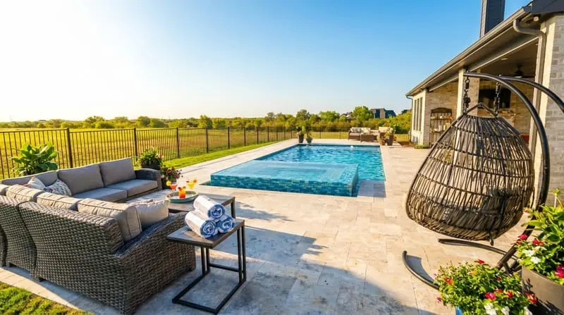 Clean geometric pool with premium finishes built by Prestige Pool & Patio