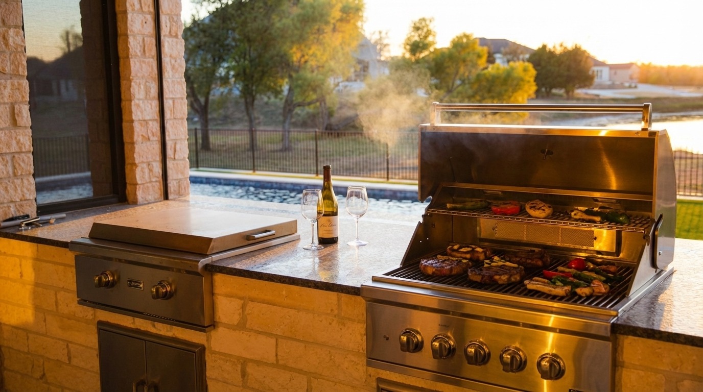 Outdoor kitchen with grill and stone countertops under a cedar-covered patio in Celina, TX