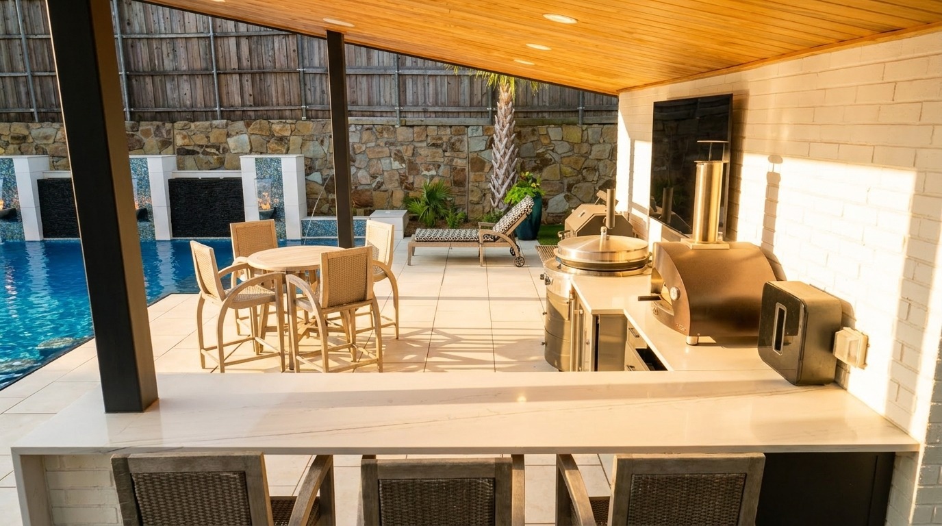 Modern Pool with Fire Lamps, Spillover Spa & Outdoor Kitchen — Prosper, TX — photo 5