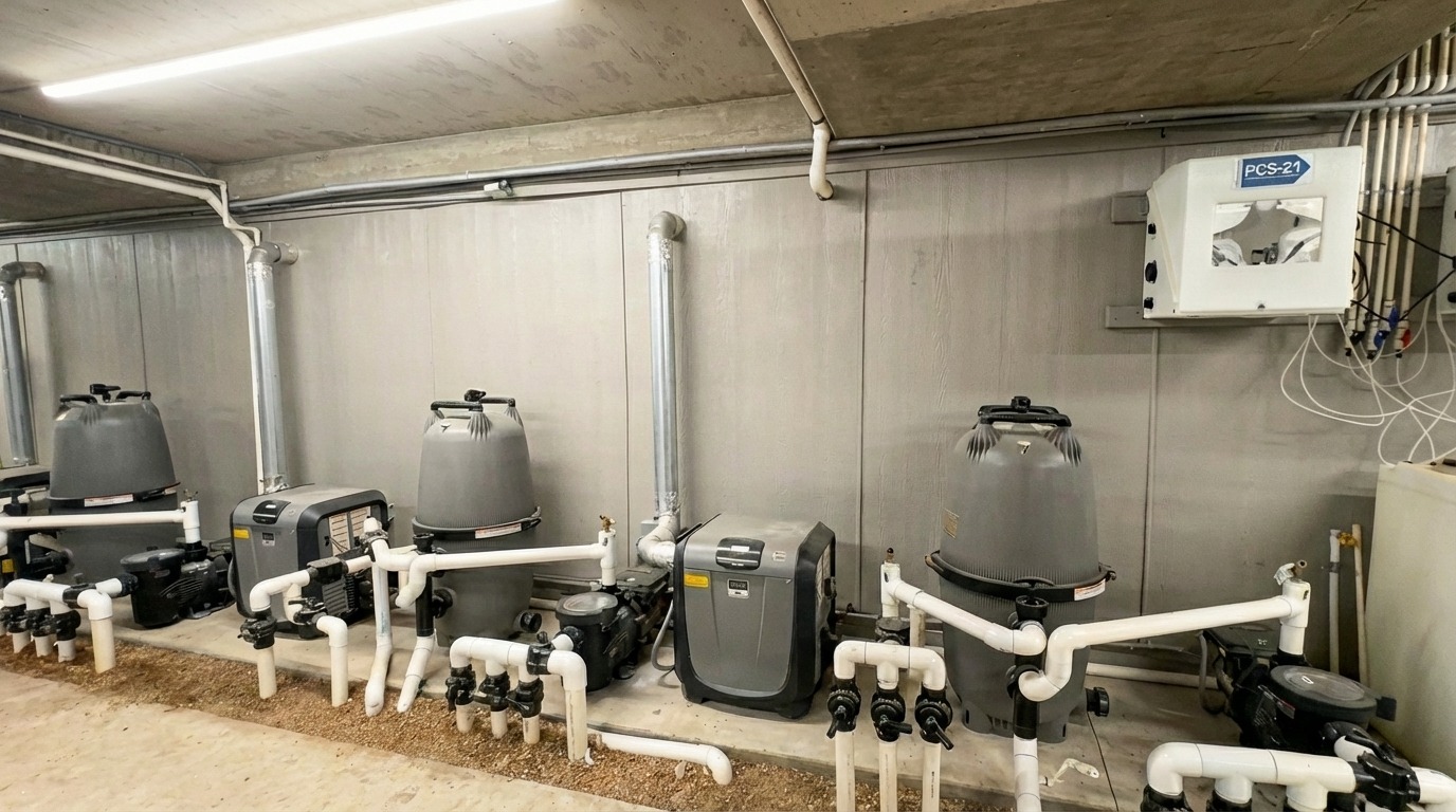 Equipment room overview with commercial pumps, filters, and automation systems
