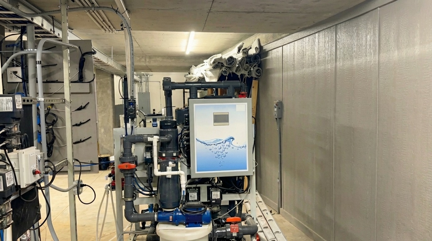 Equipment room detail showing control panels, plumbing manifolds, and valves