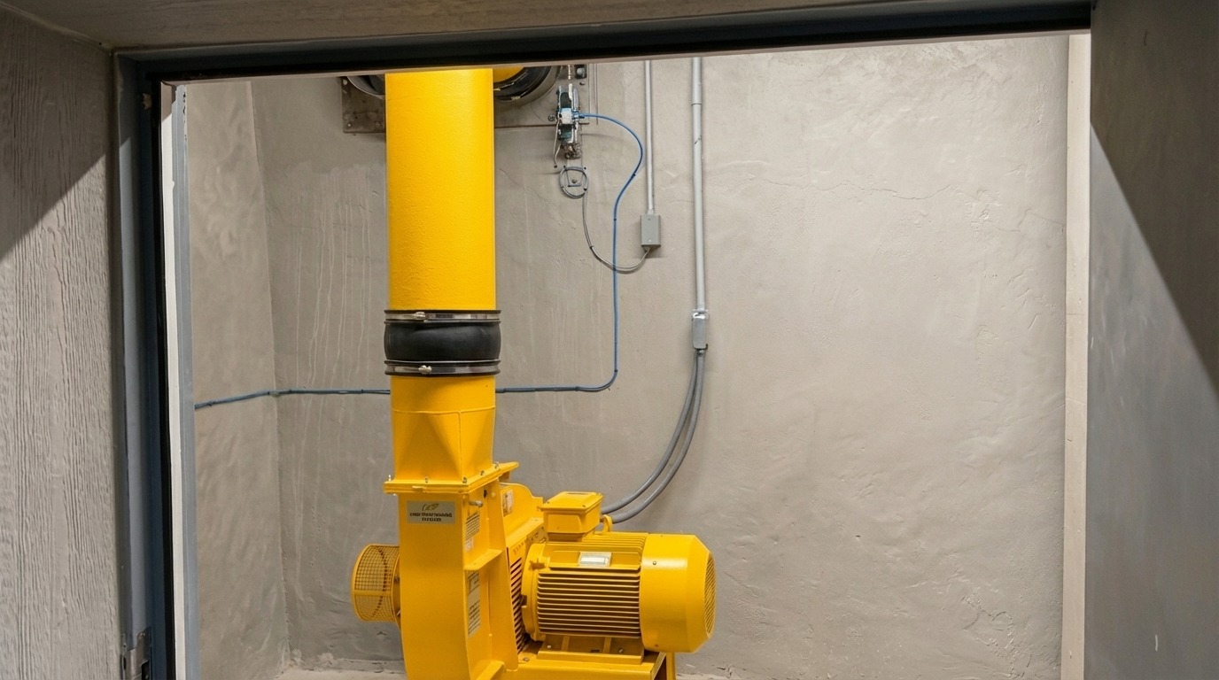 Yellow commercial blower system that drives the lazy river current
