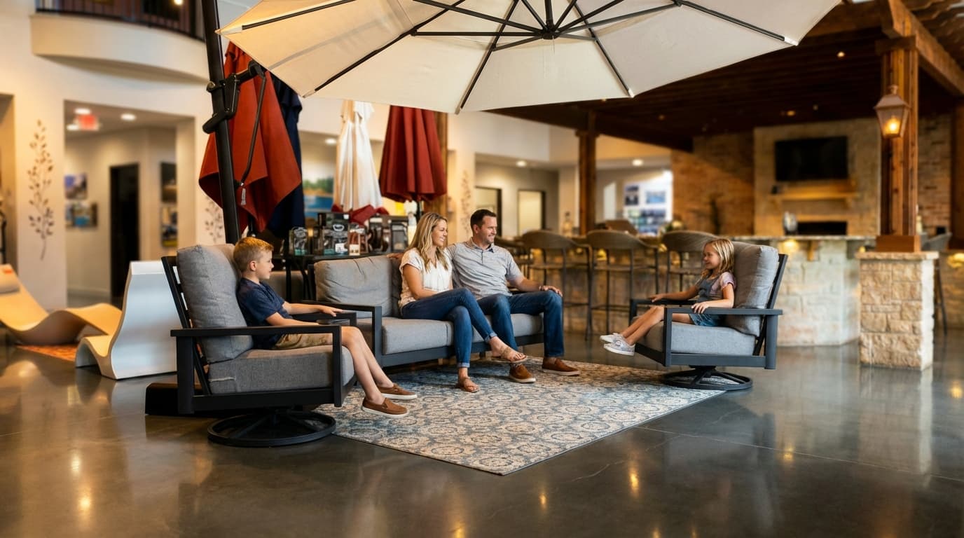 Family relaxing in patio furniture inside the Prestige Pool & Patio showroom in Frisco, Texas