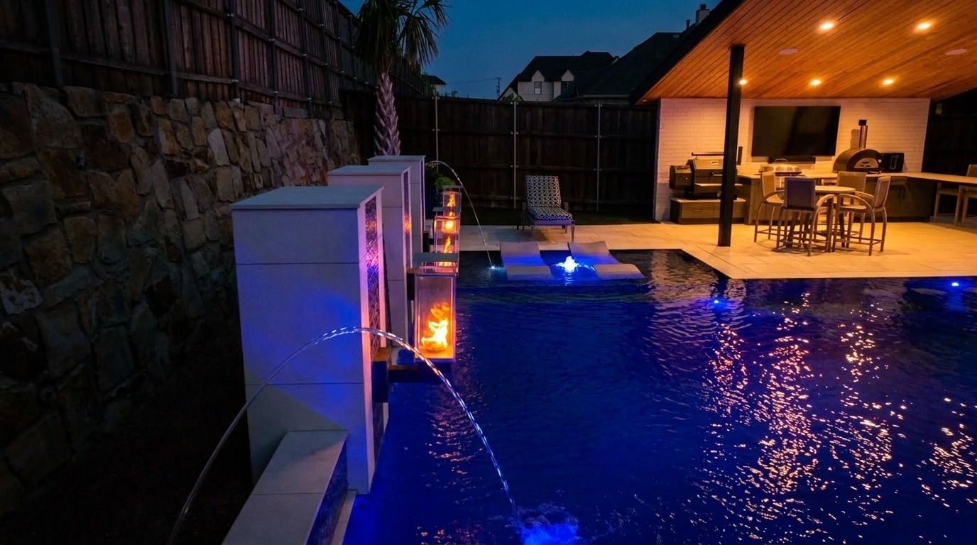 Modern Pool with Fire Lamps, Spillover Spa & Outdoor Kitchen — Prosper, TX — photo 6