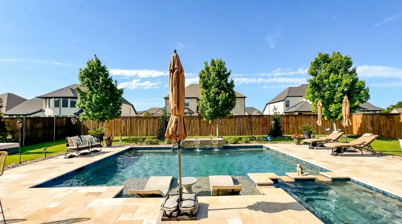 Geometric pool with sheer descent water features, in-pool loungers on a tanning ledge, travertine decking, and a broad lawn in a Frisco, TX backyard built by Prestige Pool & Patio