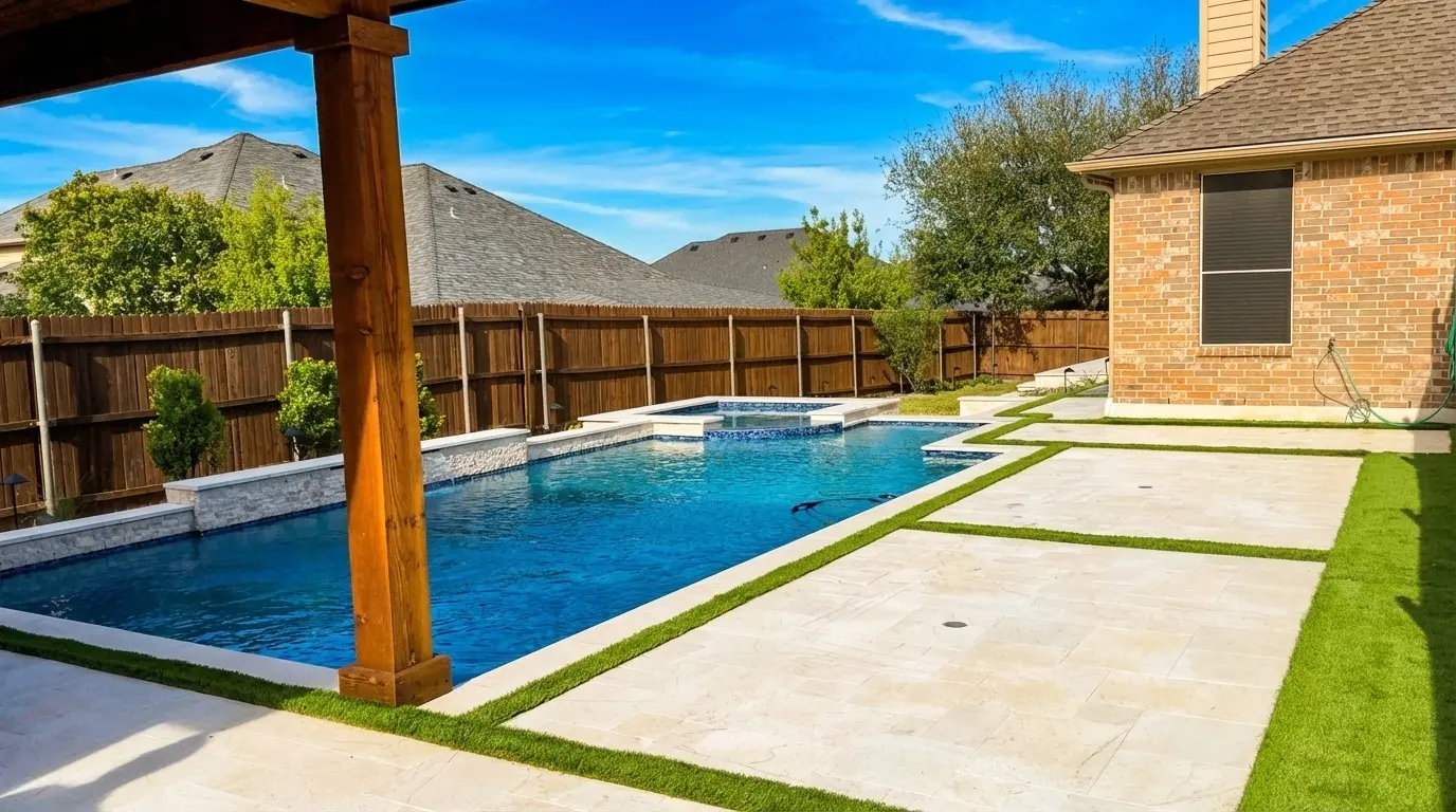 Geometric pool with a raised spa, travertine decking with turf strips, and a cedar patio post in a fenced Frisco, TX backyard built by Prestige Pool & Patio