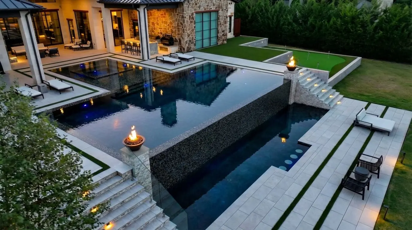Elevated view at dusk of a negative edge pool with fire bowls, a catch basin, and a covered patio beside a stone home in a Frisco, TX backyard built by Prestige Pool & Patio