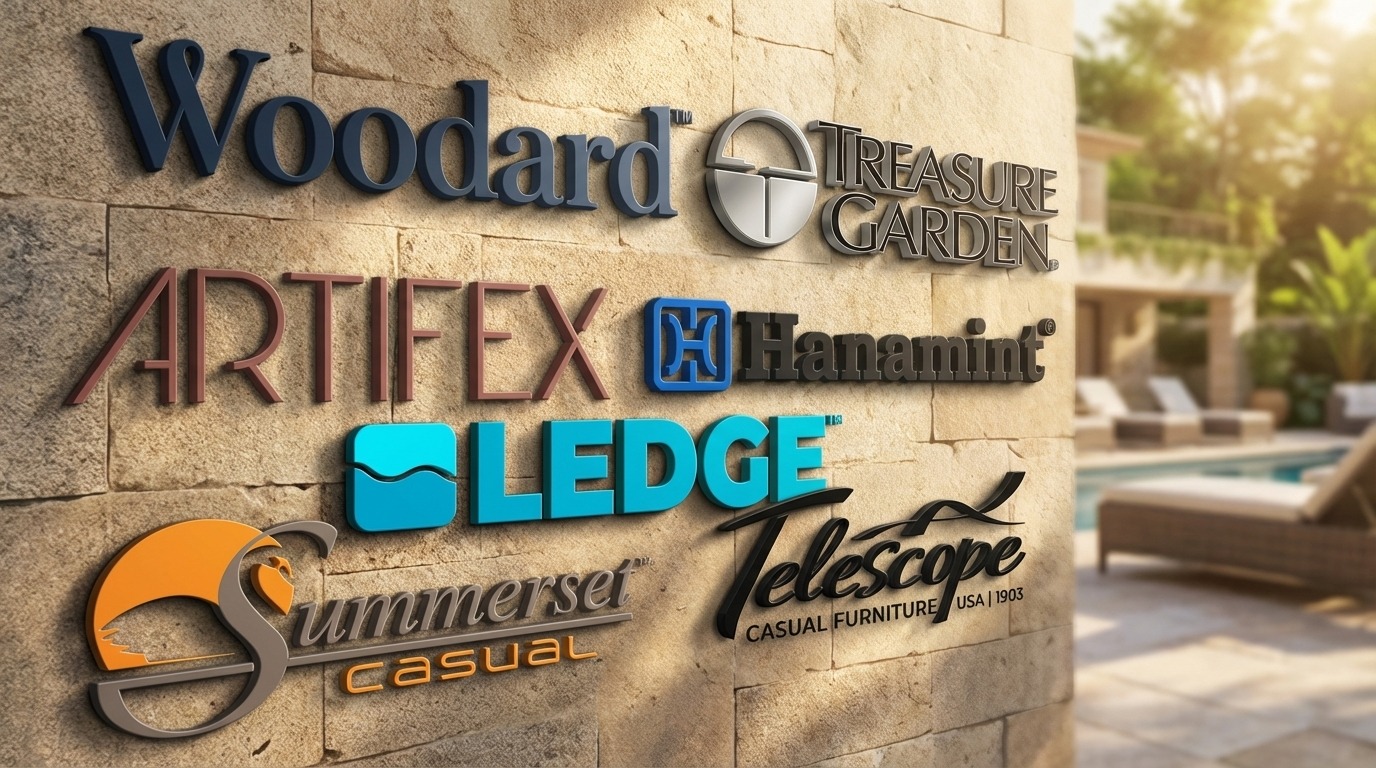 Patio furniture brand logos — Woodard, Treasure Garden, Artifex, Hanamint, Ledge Lounger, Summerset Casual, Telescope