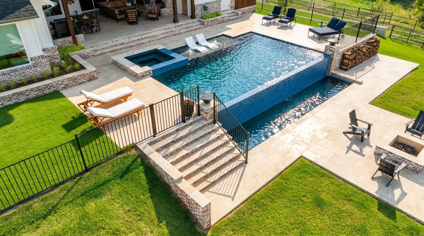 Modern Negative Edge Pool with Outdoor Kitchen & Fire Bowls — Celina/Prosper, TX — photo 4