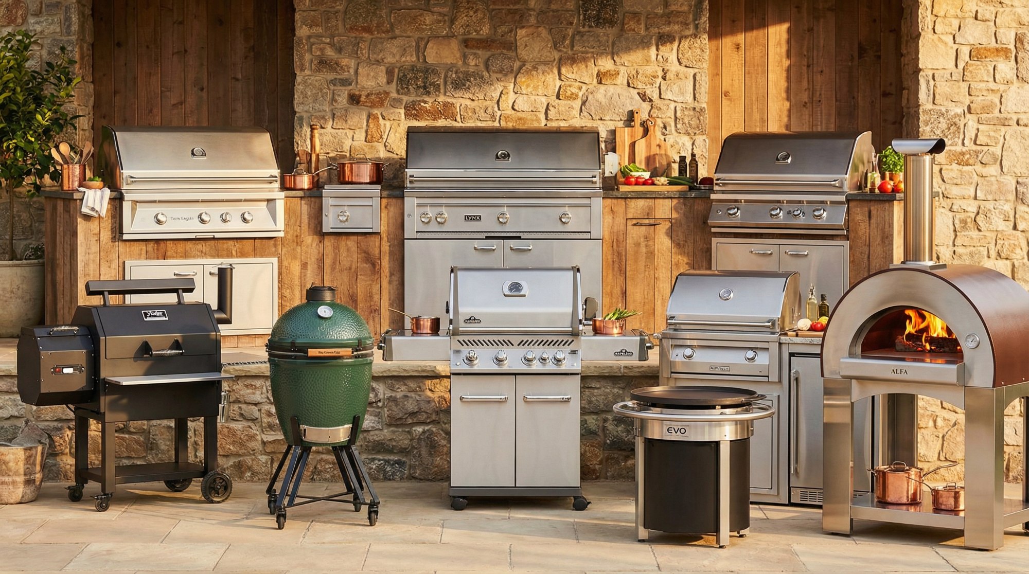 The Grill Store by Prestige — premium outdoor kitchen displays with Twin Eagles, Lynx, Yoder, and Big Green Egg grills at our Frisco showroom