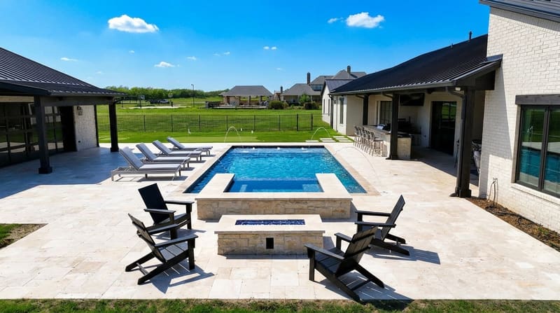 Pool with spa, fire feature, water features, and premium decking by Prestige Pool & Patio