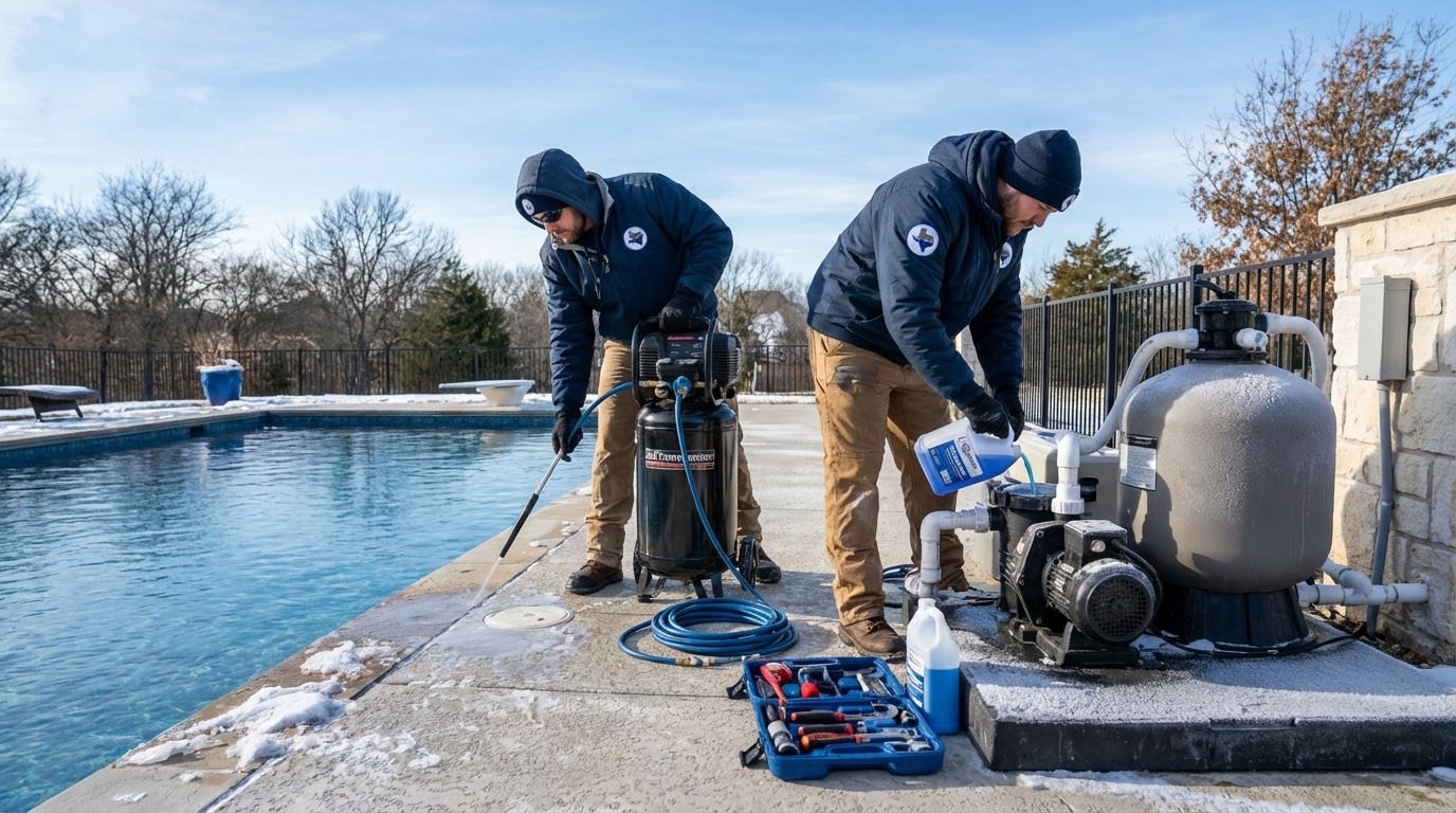Two technicians winterizing a swimming pool for freeze season