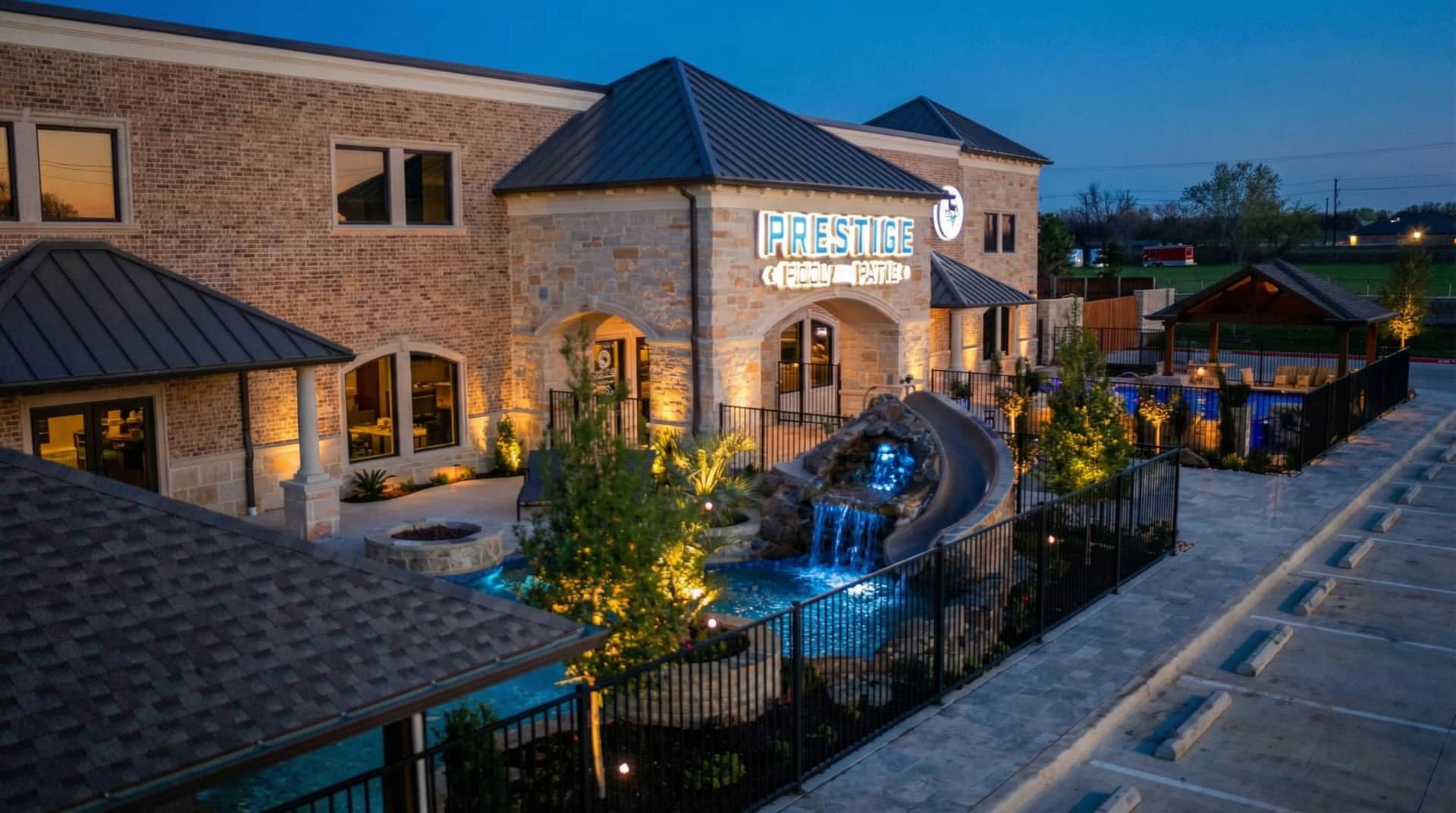 Prestige Pool & Patio showroom at 15550 Preston Road, Frisco — the largest outdoor living showroom in DFW