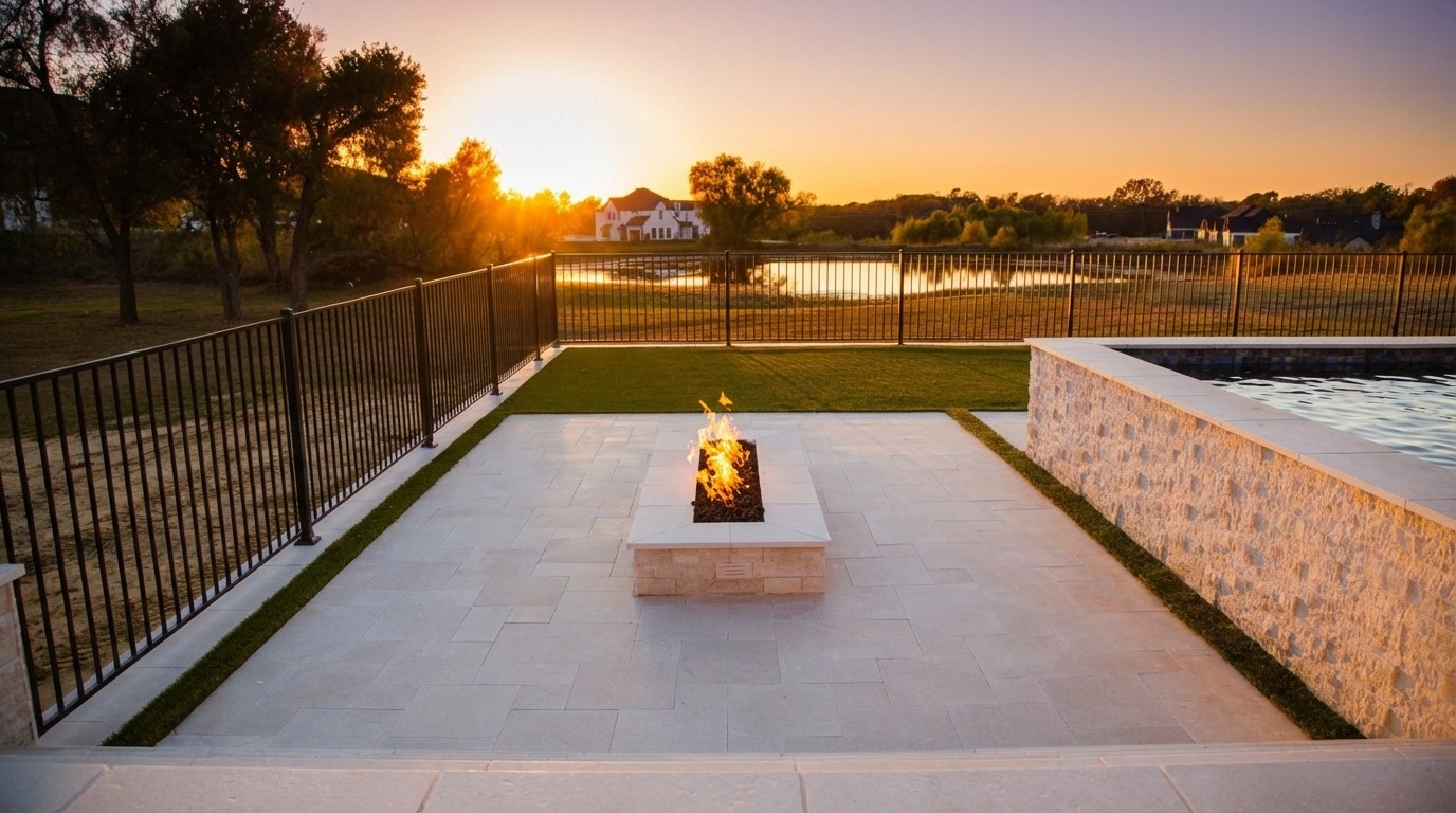 Celina pool at sunset overlooking a private lake with LED bubblers and spa spillover
