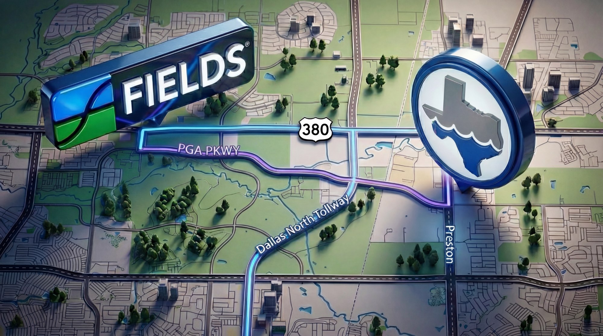 Map showing Prestige Pool & Patio showroom location at 15550 Preston Road relative to Fields Frisco community
