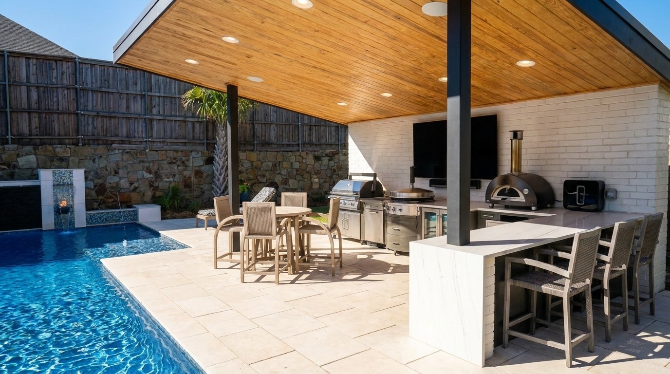 Modern Pool with Fire Lamps, Spillover Spa & Outdoor Kitchen — Prosper, TX — photo 9