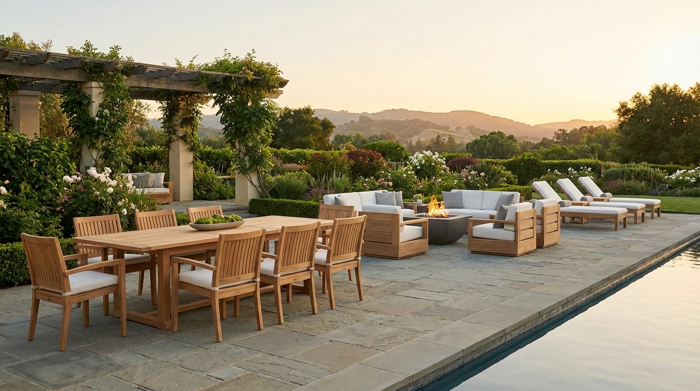 Premium patio furniture on display at the Prestige Pool & Patio showroom in Frisco — Ledge, Woodard, Homecrest, and more
