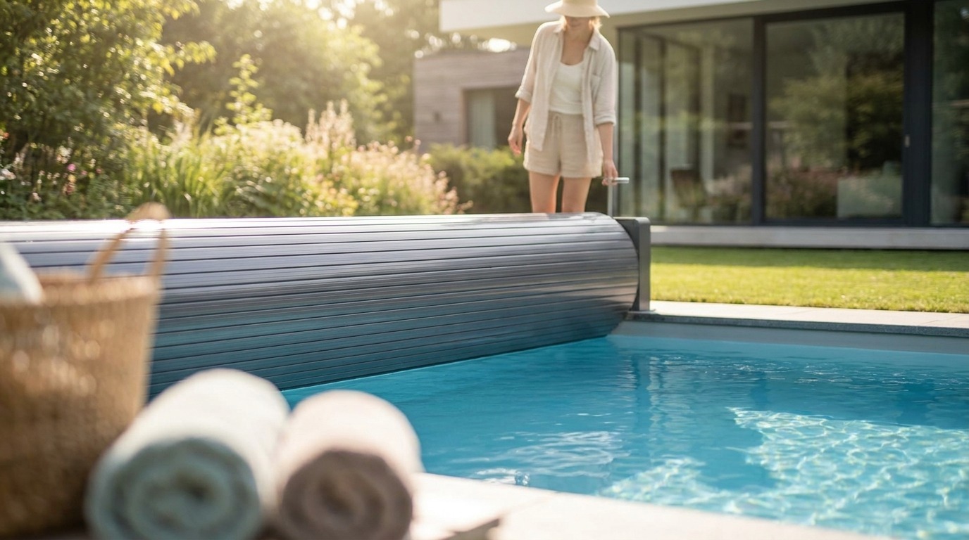 A pool cover being pulled back off a North Texas backyard pool in early spring, revealing the water underneath
