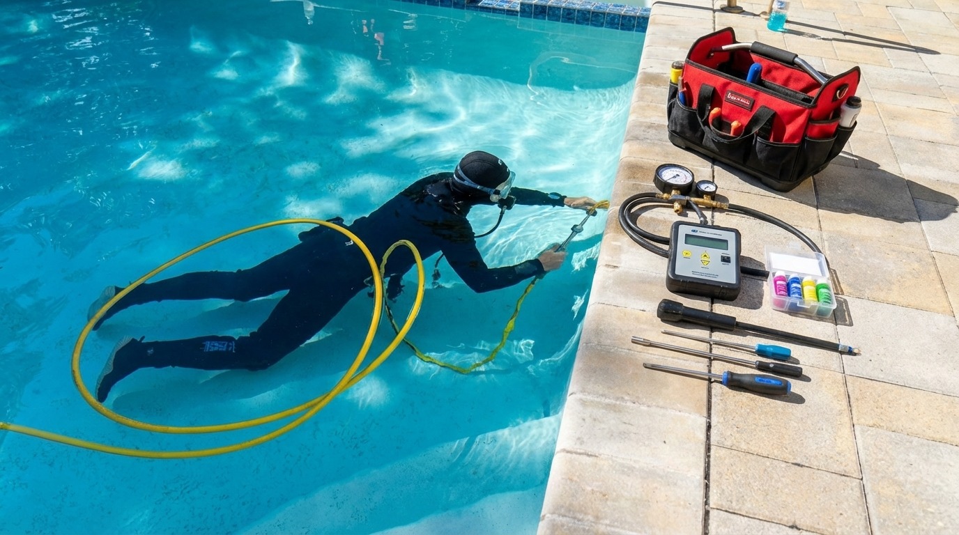 Pool technician using leak testing tools on a swimming pool