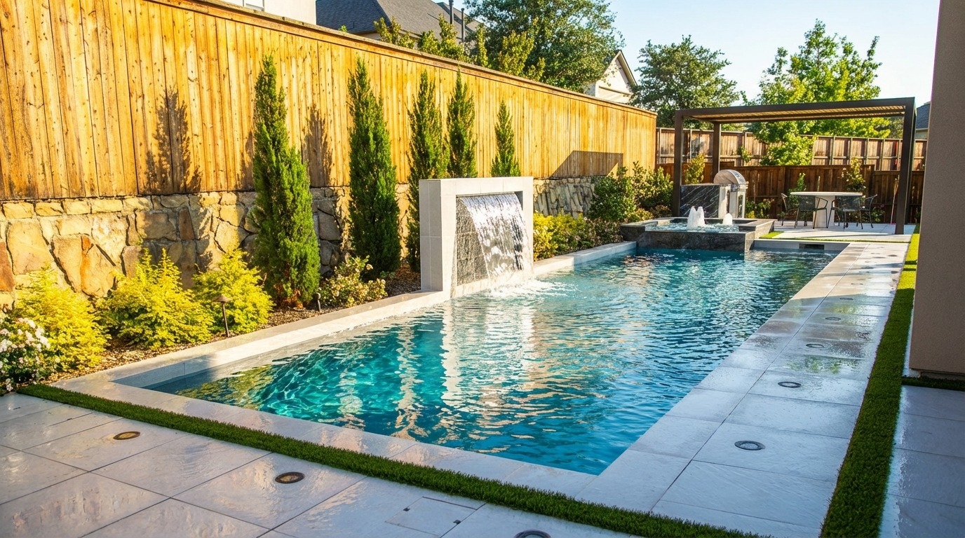 Modern Dark Marble Pool with Spa, Pergola & Outdoor Kitchen — Prosper, TX — photo 6
