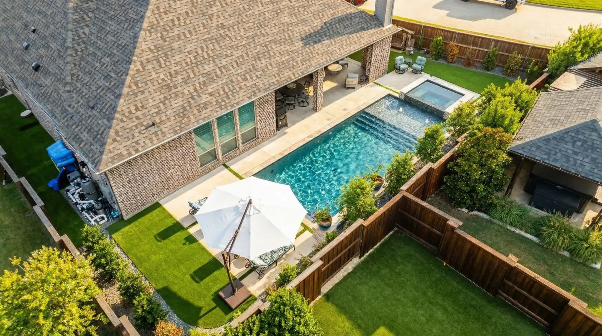 Aerial view of a geometric pool with a raised spa, tanning ledge bubblers, and artificial turf in a Prosper, TX backyard built by Prestige Pool & Patio
