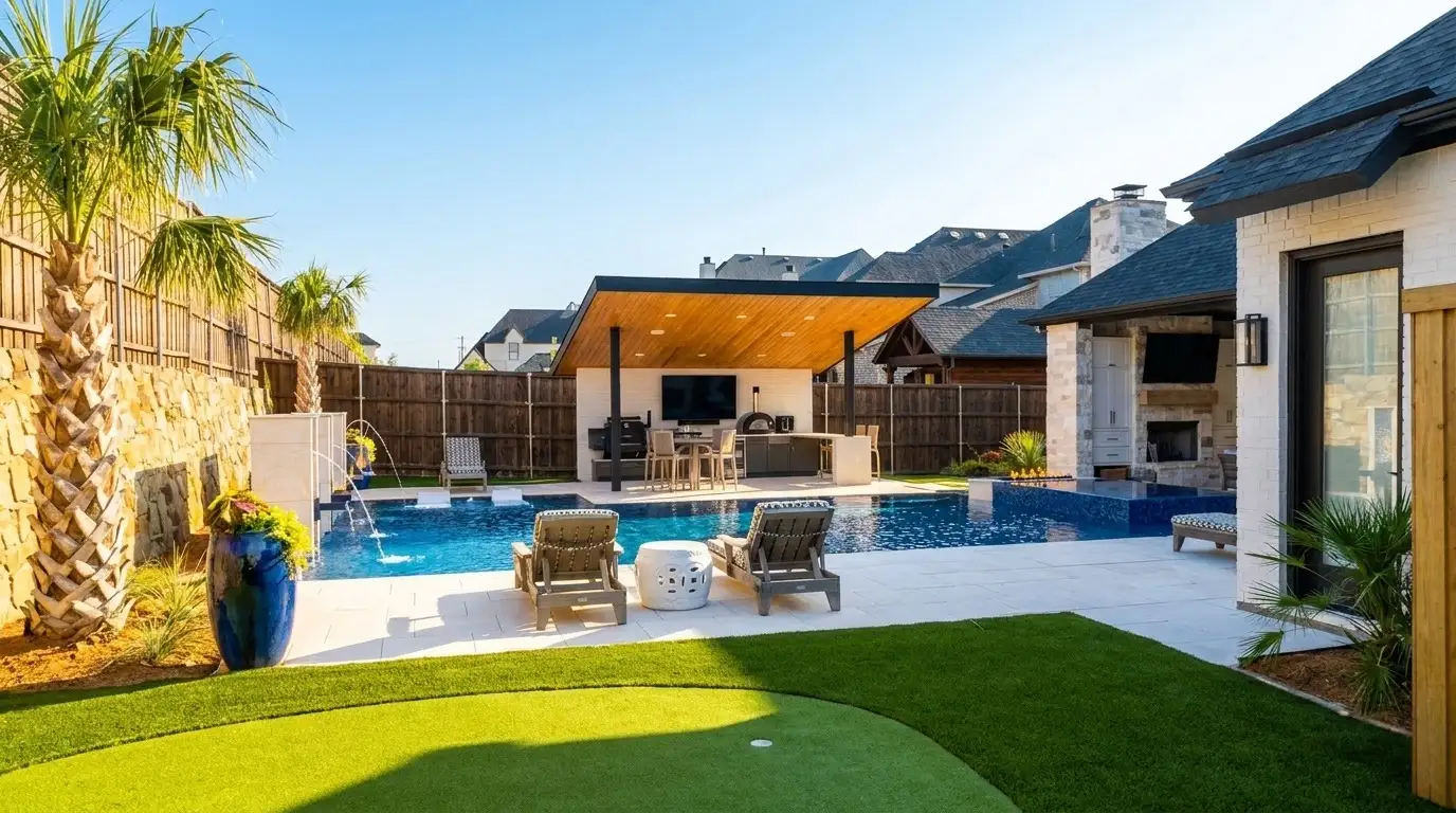 Pool with deck water jets, a raised spa, a covered outdoor kitchen, and a turf putting green in a Prosper, TX backyard built by Prestige Pool & Patio