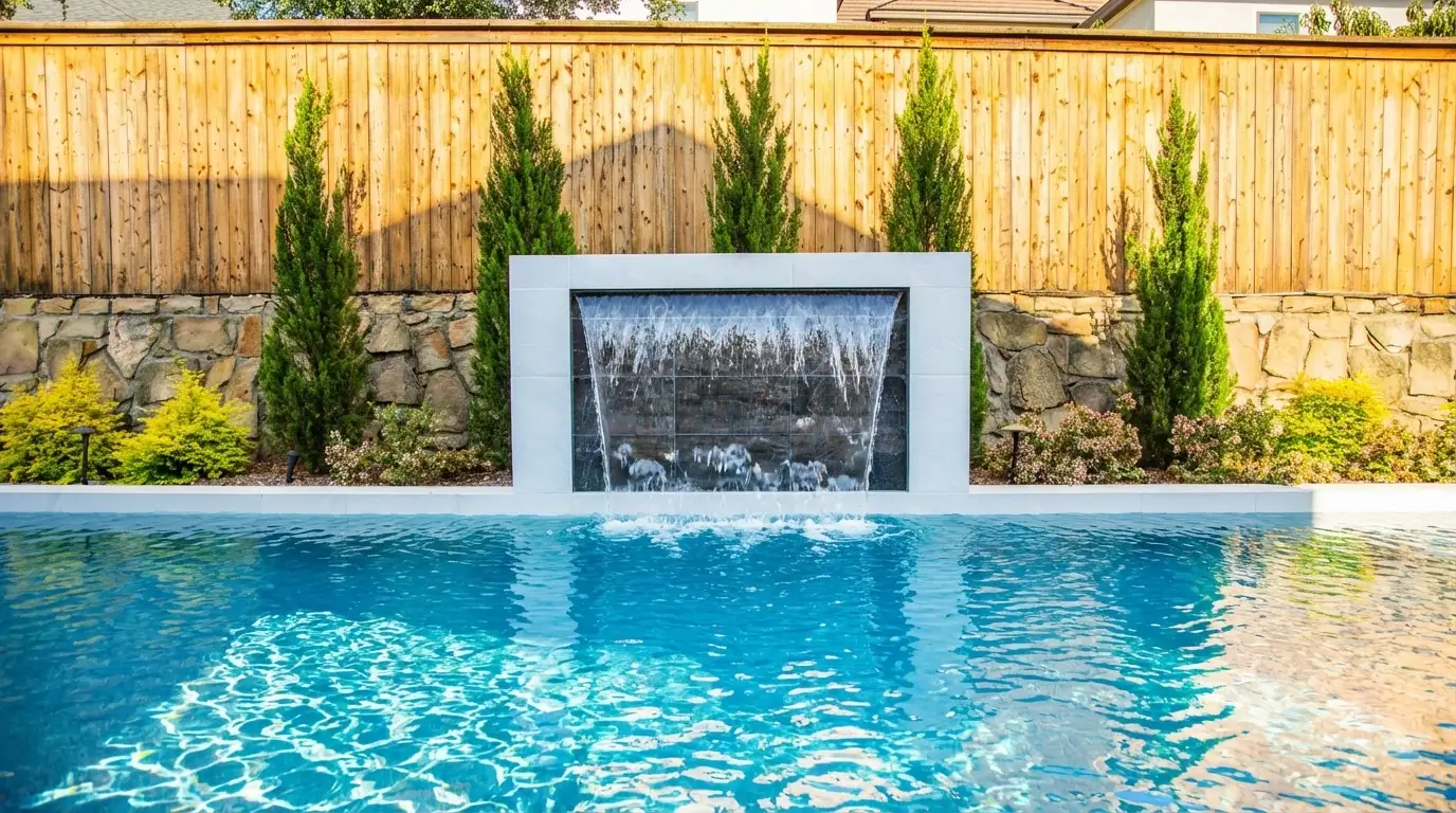 Rectangular pool with a sheer water wall framed by cypress trees in a Prosper, TX backyard built by Prestige Pool & Patio