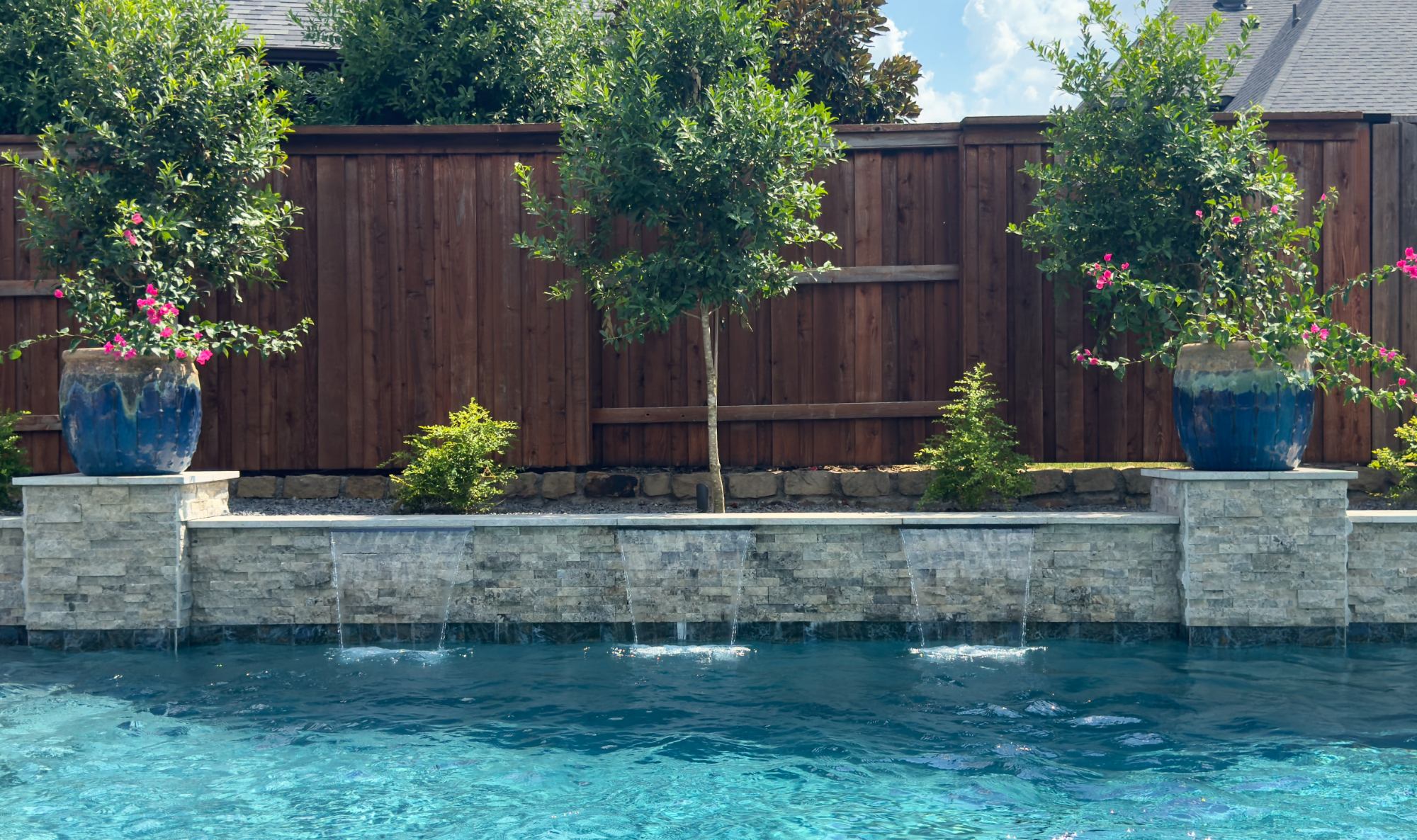Geometric Pool & Spa with Night Transformation — Prosper, TX