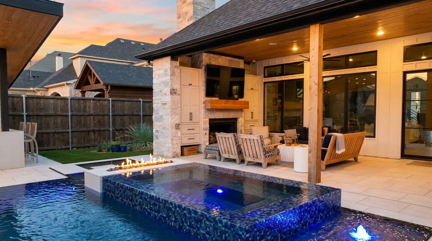 Modern Pool with Fire Lamps, Spillover Spa & Outdoor Kitchen — Prosper, TX — photo 8