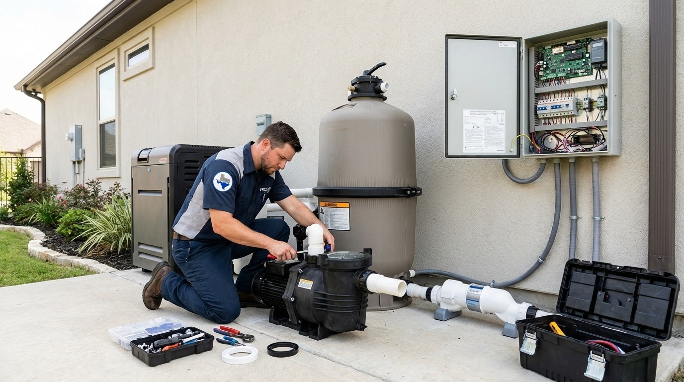 Technician servicing pool equipment during a repair visit