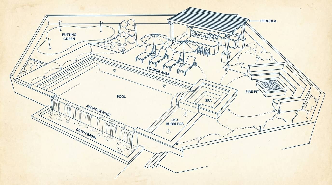 Custom pool and outdoor living schematic — hover features to explore
