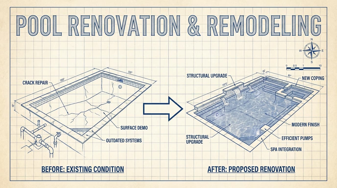 Pool renovation blueprint schematic showing before existing condition and after proposed renovation with new coping, modern finish, spa integration, and efficient equipment
